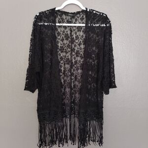 Forever 21 Black Fringe Crochet Lace Kimono Open Front Cover Up Boho